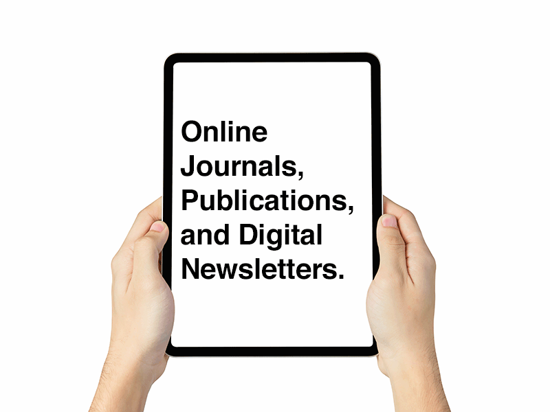 Online Journals resource; ipad image with text