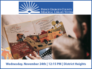 Flyer for an event, "Ready 2 Read Storytime: Ages 3-5" at Prince George's County Memorial Library System: District Heights Branch