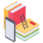 shows books stacked both horizontally and vertically with a tablet and ladder leaning on them
