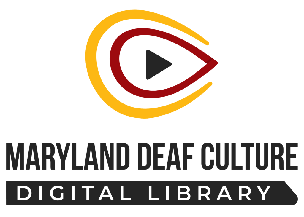 Yellow curved strokes outside of a red closed curve stroke with a black play button in center. Beneath there is text, "Maryland Deaf Culture Digital Library"