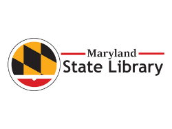 Maryland State Library logo with small piece of Maryland state flag in a circle on the left side.