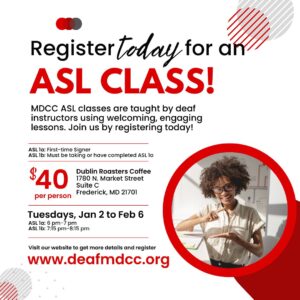Promotional flyer for an American Sign Language (ASL) class at MDCC.