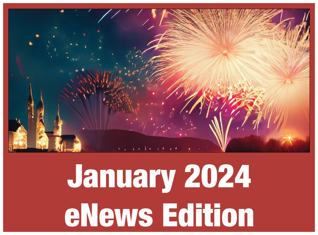 Graphic of fireworks. Below, text reads “January 2024 eNews Edition” in white, on a red background.