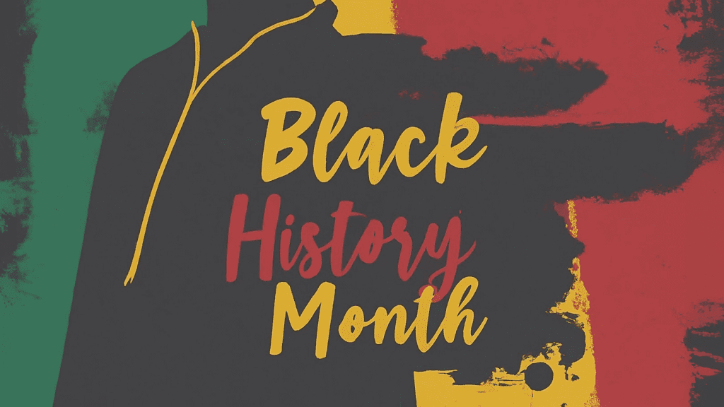 A 16:9 banner image for Black History Month. The background is black, and there are bold stripes of red, yellow, and green.