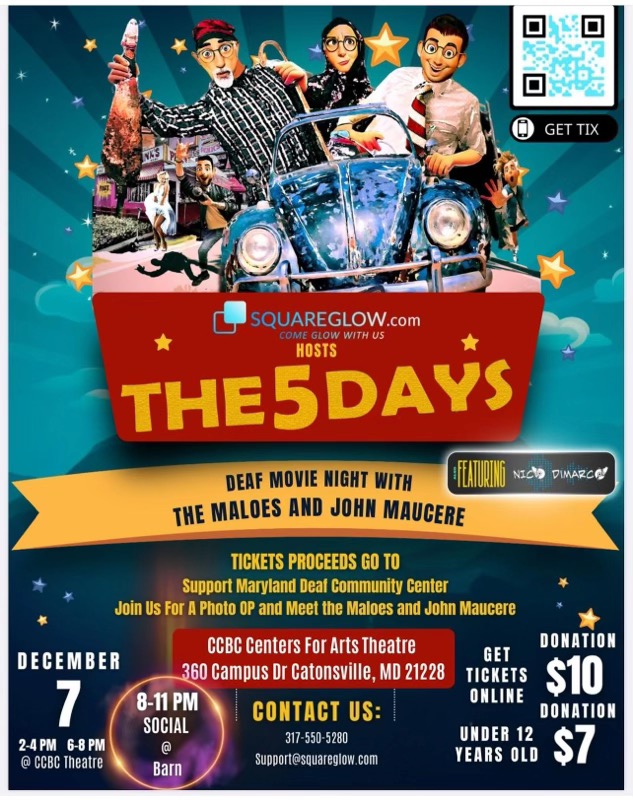 Colorful flyer for The 5 Days movie featuring The Maloes and John Maucere in the style of emojis. The flyer Includes details for movie screening times, ticket prices, and venue information.