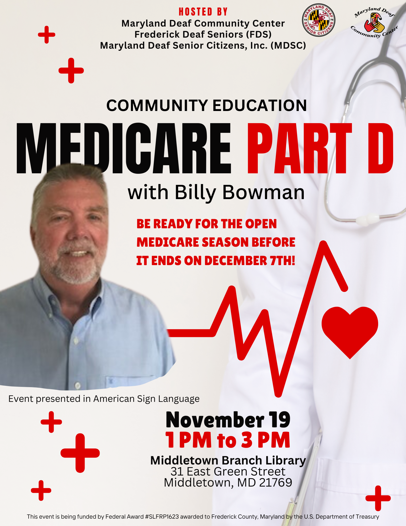 Flyer for Medicare Part D education event with Billy Bowman on November 19, 1–3 PM at Middletown Branch Library, Middletown, MD. Presented in ASL.