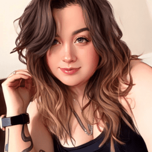 Stylized illustration of Rikki with wavy brown hair wearing a smartwatch and dark top, looking at the camera.