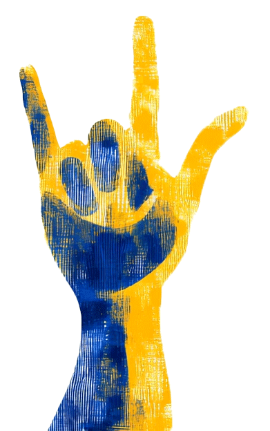 Hand painted in blue and yellow making the “I love you” sign in American Sign Language.