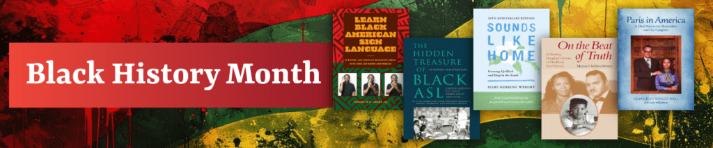 Black History Month banner featuring book covers by Black authors on a red, green, and yellow background.