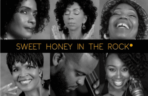 Black-and-white collage of six musicians with the text “Sweet Honey in the Rock” across the center.