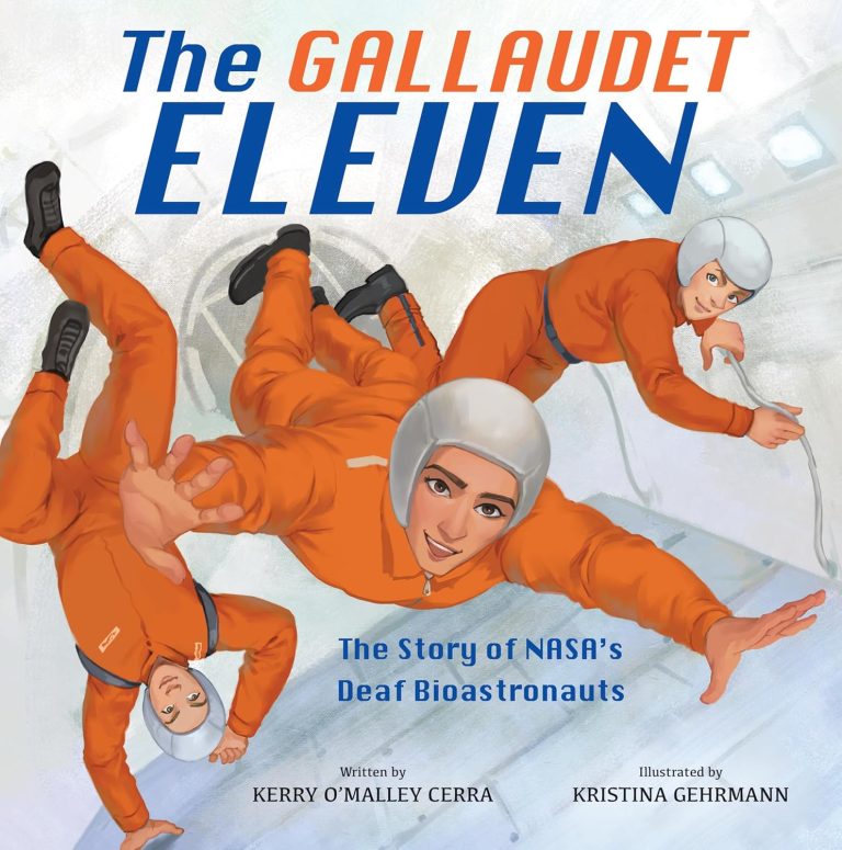 Illustrated book cover titled “The Gallaudet Eleven” showing three astronauts in orange suits floating in a spacecraft.