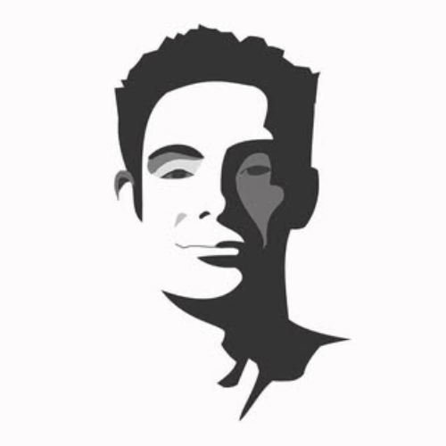 Minimalist black-and-white illustration of a person’s face in partial shadow.