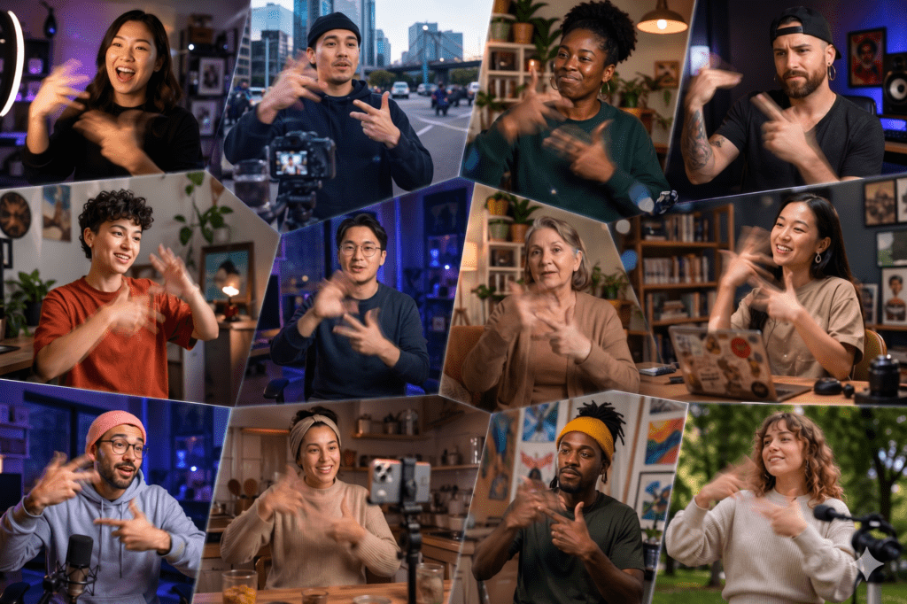 A collage of diverse individuals in various settings, such as home offices, kitchens, and outdoors. Every person in the grid is shown with noticeable motion blur on their hands to emphasize active signing. The layout is interconnected by a faint, glowing geometric network of lines and dots,