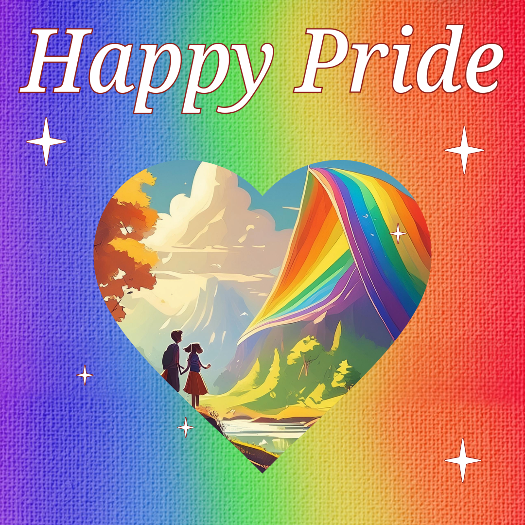Colorful Pride Month graphic featuring a heart-shaped illustration of two characters admiring a rainbow flag over a scenic landscape with mountains and trees, and the text 'Pride Month' in stylish font on a textured rainbow gradient background.